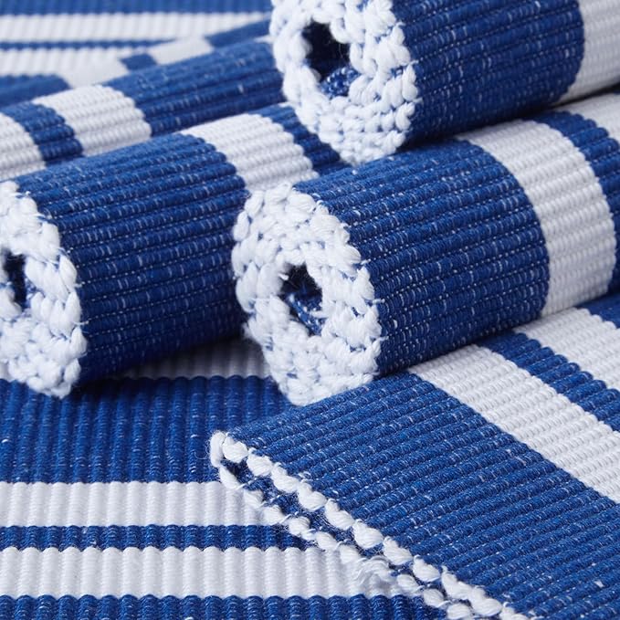 Encasa XO Dining Placemat Set of 6 | Solid Franca Blue Stripes Color | Fine Ribbed Cotton Table mat | Size 19x13 in |for Dining Table Fall Decoration, Holiday & Christmas Festivals - Machine Washable
