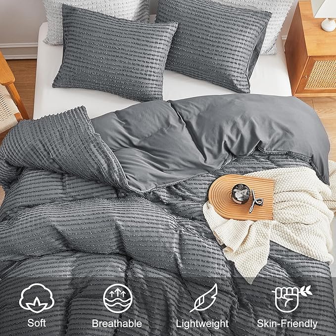 WARMDERN Boho Duvet Cover Set Queen Size,Dark Grey Striped Duvet Cover Microfiber Bedding Set,3PCS Ultra Soft Breathable Lightweight Tuft Texture Duvet Covers with Zipper Closure(Dark Grey,Queen)