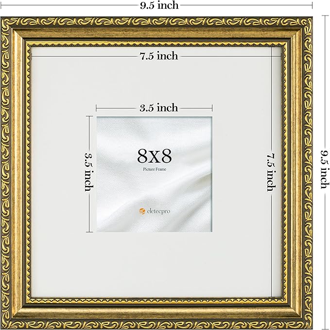 eletecpro 8x8 Picture Frames Set of 2, Vintage Gold Photo Frames with Glass, Display 4x4 Photo with Mat or 8x8 without Mat for Tabletop or Wall Decor, Gold