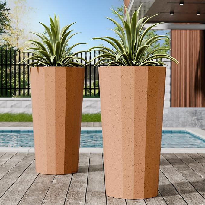 2PCS Tall Planters for Outdoor Plants, 23.6 Inches Large Outdoor Conical Flower Pots for Porch with Drainage Holes and Drainage Baffle, Tapered Large Planters for Garden, Balcony Clay Color