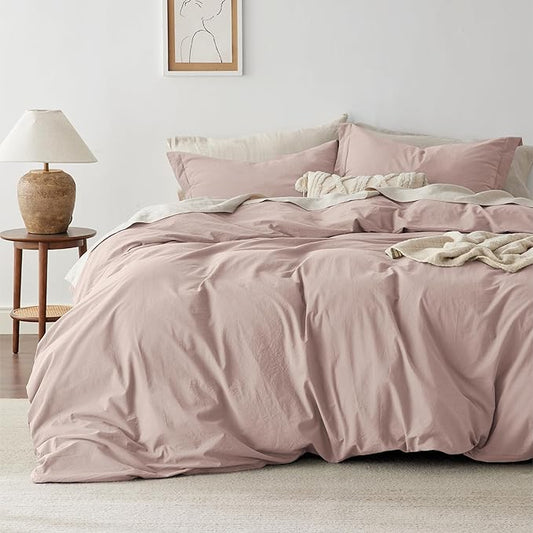 Bedsure 100% Washed Cotton Duvet Cover Queen Size - Petal Pink Minimalist Cotton Duvet Cover Linen Like for All Seasons - GentleSoft™ Plain Simple Bedding (Petal Pink, Queen, 90"x90")