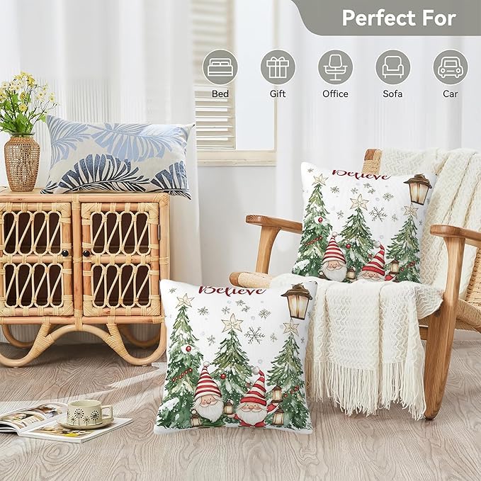 Christmas Pillow Covers 18X18, Christmas Tree and Gnomes Decorative Throw Pillow Covers, Winter Christmas Believe Snowflakes Pillow Cover Pillowcase Cushion Case for Home Sofa Couch Indoor Set of 2