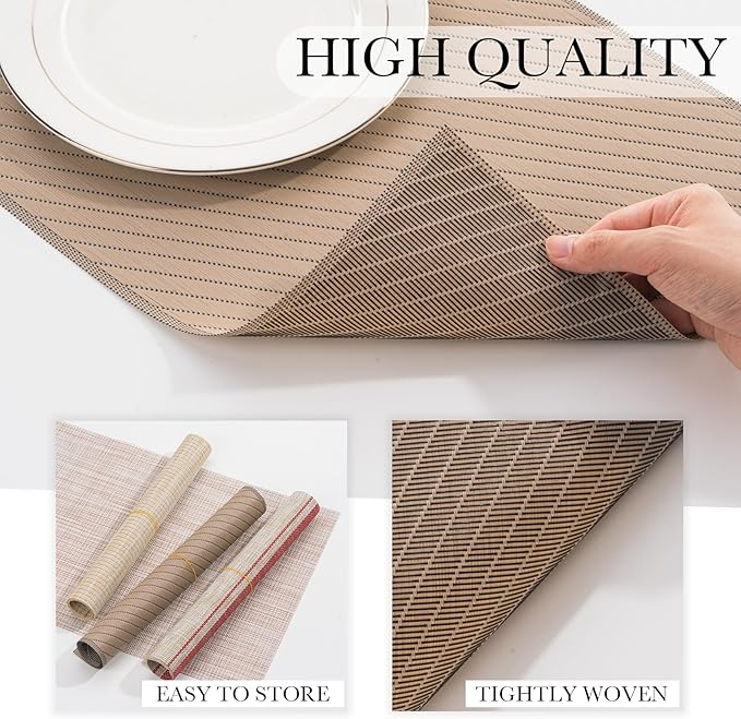 BACKTOEDEN Placemats Set of 12 Heat Resistant Washable Wipeable Placemat Woven Non-Slip Foldable Vinyl/Plastic Place Mats Indoor/Outdoor Mat Kitchen Dining Table Pad, Khaki Twill