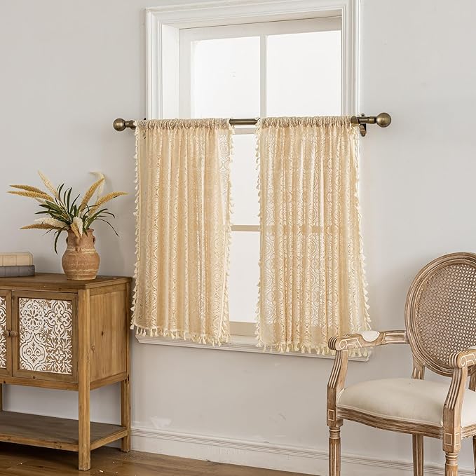 YJ YANJUN Boho Cafe Curtains 30 inch Length 2 Panels,Each 59" W x 30" L, Beige Crochet Kitchen Curtains Above Sink Farmhouse Short Lace Curtain Panels with Tassels for Bathroom Laundry Room Rv