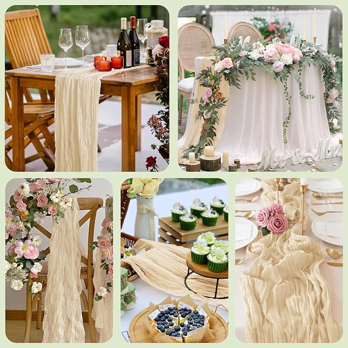 Wokceer Cheesecloth Table Runner 6Pack 10FT Sand Christmas Gauze Cheese Cloth Table Runner for Party Long Rustic Sheer Table Runners for Baby Bridal Shower Wedding Easter Table Decor