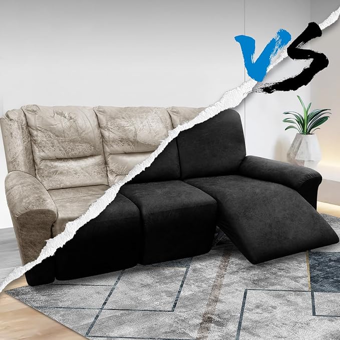 Couch Cover 8-Pieces Sofa Covers Washable Recliner Sofa Covers 3 Seater Leather Look Recliner Slipcovers with Pockets Spandex Fabric Furniture Covers(Recliner Sofa, Black)