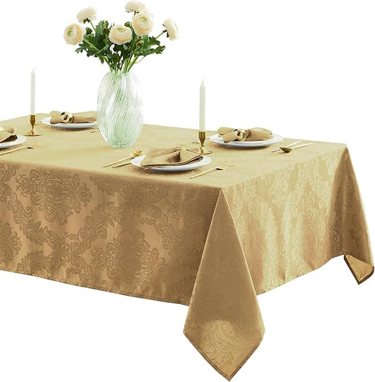 Newbridge Barcelona Damask Fabric Tablecloth, 52 x 52 Inch Square, Gold – No Iron, Soil Resistant Table Cover for Dining, Parties and Holidays