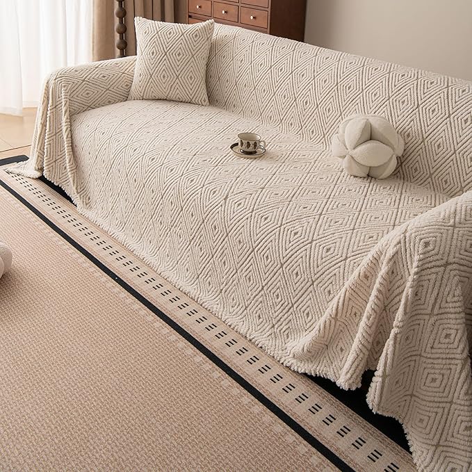 ROOMLIFE Striped Boho Khaki Couch Cover for 2-3 Cushion Sofa, Fuzzy Plush Warm Sofa Slipcovers Sectional Sofas Covers, Non Slip Washable Furniture Protector Soft with Tassel,Winter 71''X118”