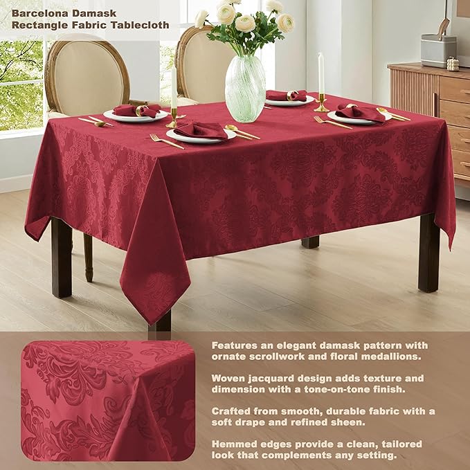 Newbridge Barcelona Damask Fabric Tablecloth, 60 x 84 Inch Rectangle, Burgundy – No Iron, Soil Resistant Table Cover for Dining, Parties and Holidays