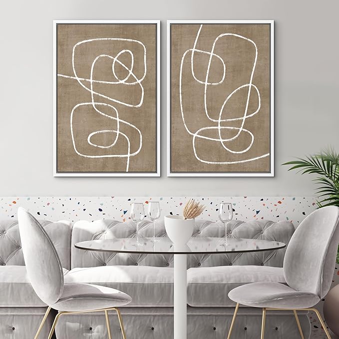 SIGNWIN Framed Canvas Print Wall Art Set Geometric Mid-Century Spiral Collage Abstract Shapes Cozy Neutral Minimal Decorative Nordic Zen Bohemian for Living Room, Bedroom, Office - 24"x36"x2 White