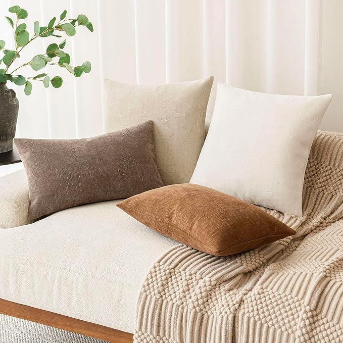 Foindtower Pack of 2 Soft Textured Chenille Throw Decorative Pillow Covers Square Accent Solid Cushion Cover Neutral Farmhouse Pillow Case for Couch Sofa Bedroom Living Room 22x22 Inch, Ivory White