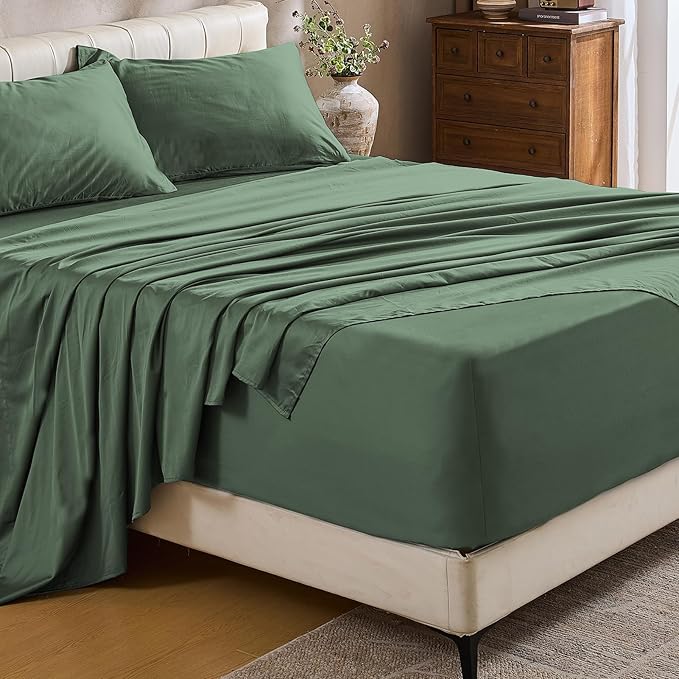MEISHANG Extra Deep Pocket Cotton Sheets Queen Size - 100% Egyptian Cotton 1000 Thread Count - Fits 18"-24" in Deep Mattress,Oeko-Tex Certified, Soft & Breathable - 4 Piece (Queen, Sage Green)