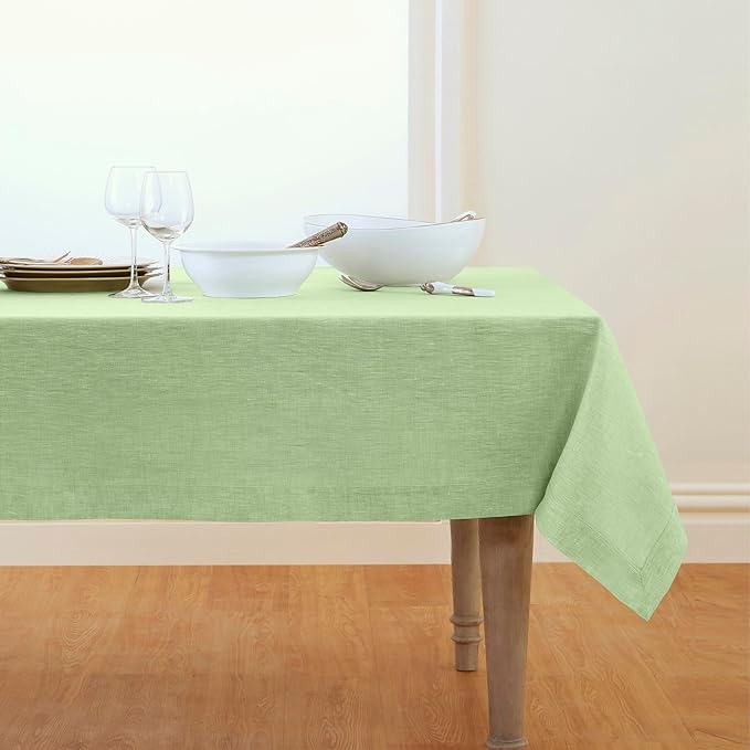 Solino Home Linen Tablecloth 60 x 90 Inch - 100% Pure Linen Chambray Green Table Cloth for Rectangle Tables - Athena, Machine Washable Tablecloth
