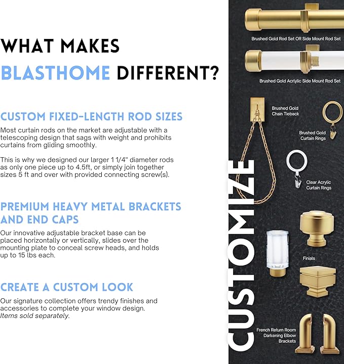 BlastHome® Luxury Curtain Rings - Premium Metal with Quiet, Smooth Nylon Inserts - Pinhooks and Clips Included - 1 1/2" Inside Diameter - 9 Rings for One Standard Curtain - Brushed Gold