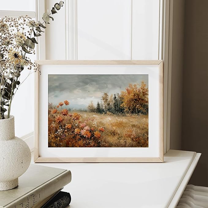 XOCUUI Autumn Landscape Painting Wildflower Fall Canvas Poster Art Print Vintage Rustic Wall Art Retro Farmhouse Wall Decor Aesthetic 12x16inch Unframed