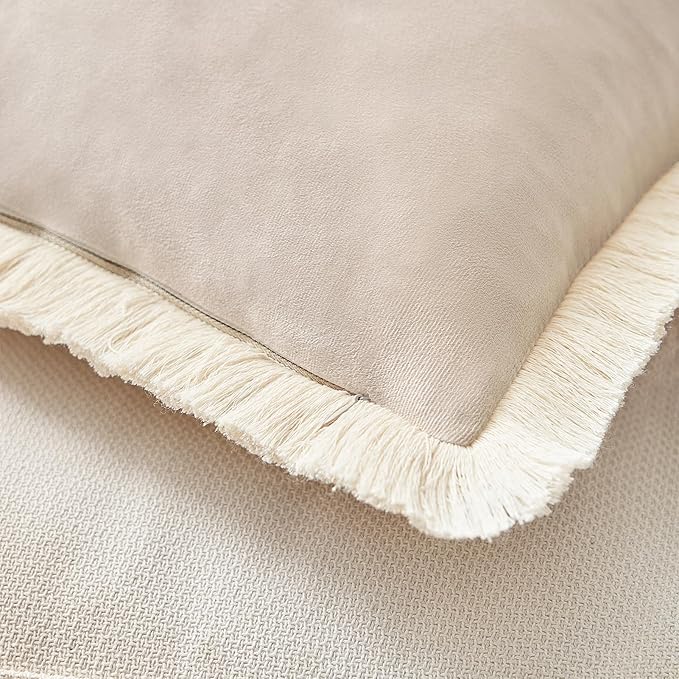 MONDAY MOOSE Decorative Throw Pillow Covers Cushion Cases, Set of 2 Soft Velvet Modern Fringe Tassel Designs, Mix and Match for Home Decor, Pillow Inserts Not Included (Beige, 16x16 inch)