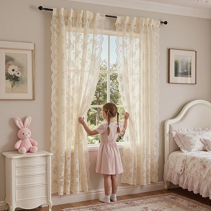 MEETSKY Vintage Lace Sheer Curtains 45 Inches Long for Small Windows French Victorian Spring Floral Pattern Design Light Filtering Back Tab Rod Pocket Drapes, 50" W Each Panel, 2 PCS, Light Yellow