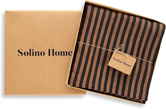 Solino Home Linen Tablecloth 60 x 108 Inch - Amalfi Stripe 100% Pure Linen Pumpkin and Black Table Cloth for Rectangle Tables - Machine Washable Fabric Tablecloth for Fall, Thanksgiving