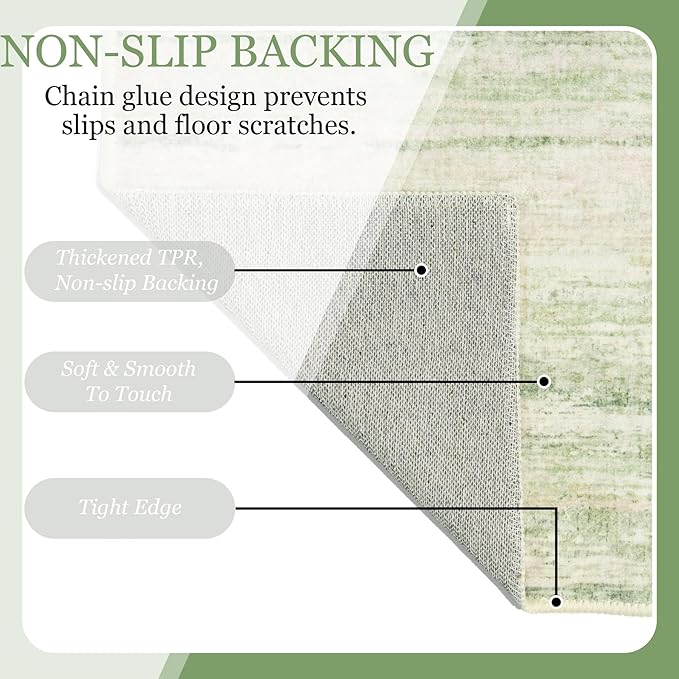 MUJOO Washable Runner Rug 2x6,Modern Abstract Area Rugs for Hallways Kitchen Bedroom Entryway Bathroom Laundry,Non Slip Carpet Long Mat Indoor,Low Pile Throw Rug Accent Neutral Green