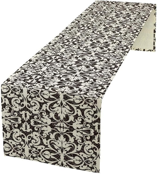 Black White Vintage Damask Table Runner Classic Retro Table Runner for Kitchen Dining Weddings Party Decor 13x90in