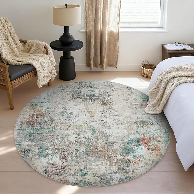 Modern Abstract 6x6 Round Area Rug Non Slip Non Shedding Rug Low Pile Stain Resistant for Bedroom Living Room Office Dining Room,Colorful