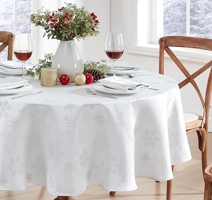 Newbridge Fancy Metallic Snowflake Christmas Fabric Tablecloth, 70 Inch Round, White Silver, No-Iron Soil Resistant Sparkling Snowflakes Woven Holiday Table Cover