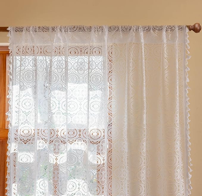 White Boho Curtains with Tassels 72 Inches length Vintage Floral Knitted Lace Sheer Curtains Rod Pocket Retro Crocheted Cottagecore Curtains for Bedroom Door Window 2 Panels 6 FT 59" W x 72" L