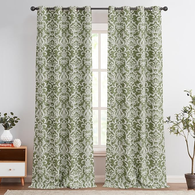 jinchan Room Darkening Curtains for Bedroom Sage Greene Damask Patterned Curtains 108 Inch Length for Living Room Linen Textured Vintage 9FT Long Drapes Window Treatments Grommet Top 2 Panels Set