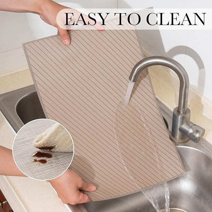 BACKTOEDEN Placemats Set of 8 Heat Resistant Washable Wipeable Placemat Woven Non-Slip Foldable Vinyl/Plastic Place Mats Indoor/Outdoor Mat Kitchen Dining Table Pad, Khaki Twill