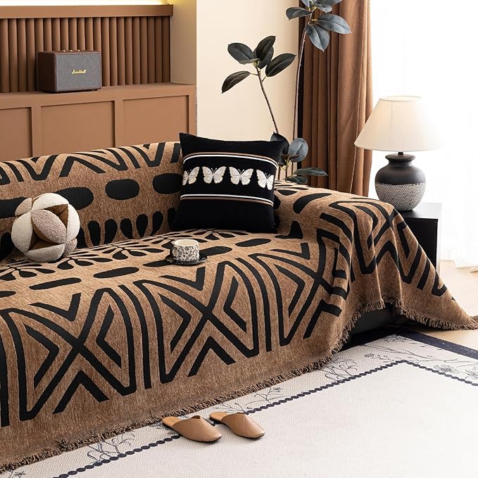 VClife Boho Couch Cover Soft Chenille Sofa Cover for Sofa Bed, 1 Piece XL Couch Covers for 3 Cushion Couch Sofa Washable Brown Black Jacquard Pattern Sofa Protector for Living Room 71''x134''