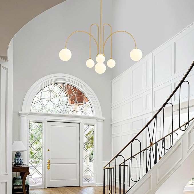 Gold Sputnik Chandelier,6 Lights Modern Chandelier for Dining Room Mid Century Chandelier Large L49” Ceiling Pendant Light Fixtures with Milk Glass Globe Shades for High Ceiling Foyer Living Room