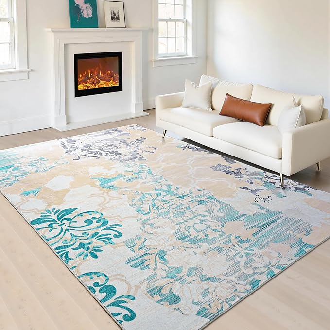 Keeko 8x10 Area Rugs for living Room, Modern Abstract Floral Pattern Rugs for Bedroom, Soft Washable Rug with Non-Slip Backing Low-Pile Non-Shedding Carpet for Kitchen Home Office Dining Table - Beige