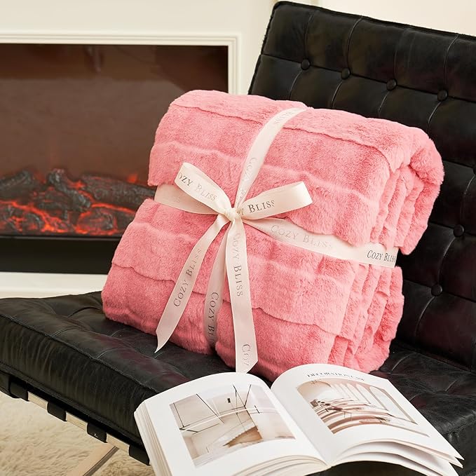 Cozy Bliss Fluffy Pink Faux Fur Throw Blanket for Couch,Warm Cozy Soft Throw Blankets for Sofa Bed Living Room,60x80 Inches