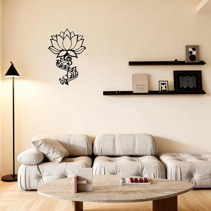 Lotus Flower Wall Decor Sculpture Hanging Black Metal Yoga Wall Art Rustic Floral Spiritual Decor for Living Room Bedroom Yoga Studio Meditation Space (Black)