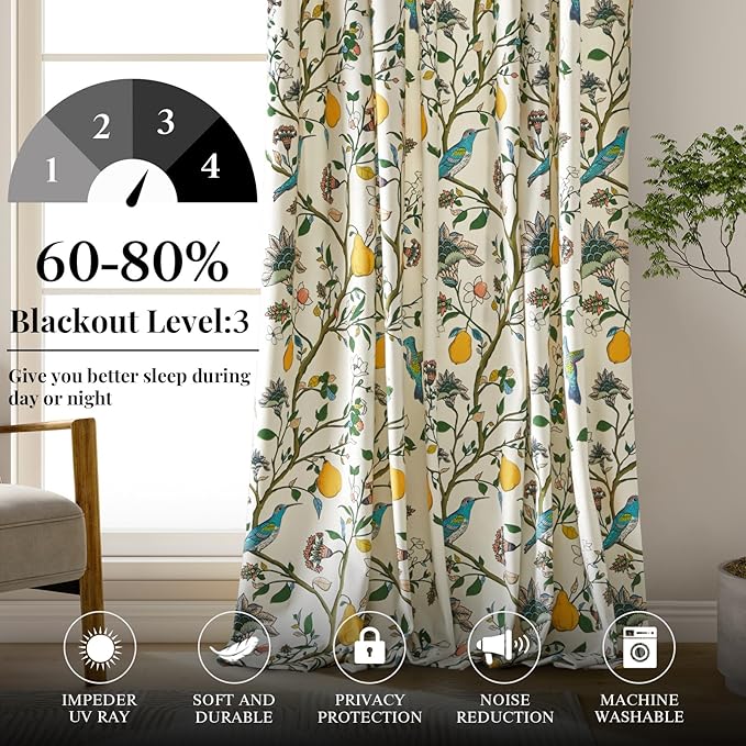 MUSSEL White Velvet Floral Curtains 108 inches for Living Room,Vintage Whimsical Botanical Room Darkening Curtain Drapes,2 Panels Mid Century Art Deco Hummingbird Colorful Window Curtains for Bedroom