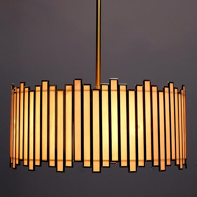 Gold Drum Chandelier 4-Light, Modern Drum Pendant Lighting Fixture with Tiffany Glass Shade, 16” Round Ceiling Hanging Light for Bedroom Dining Room Kitchen Entryway Living Room (Gold)