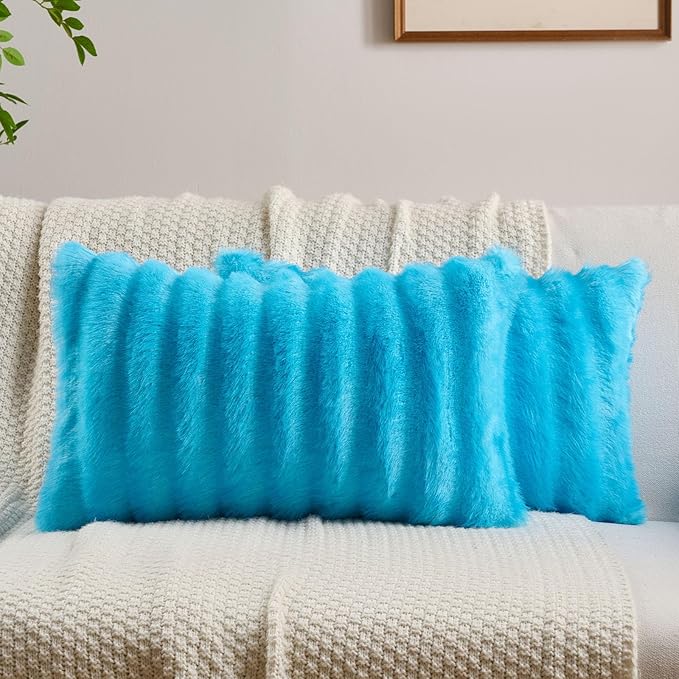 FUTEI Sky Blue Decorative Throw Pillow Covers 12x20 Inch Set of 2,Soft Fluffy Faux Rabbit Fur Dyeing Striped Textured Lumbar Pillow Case,Modern Home Decor for Couch Bed Living Room