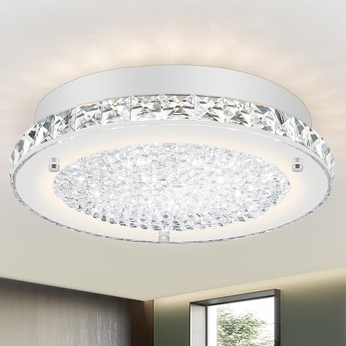 Crystal Ceiling Light 11" LED Crystal Bathroom Ceiling Light Fixtures Semi Flush Mount for Kitchen, Entryway, Foyer, Bedroom, Bathroom, Laundry Room, Cloakroom, Hallway 4000K (Dimmable)