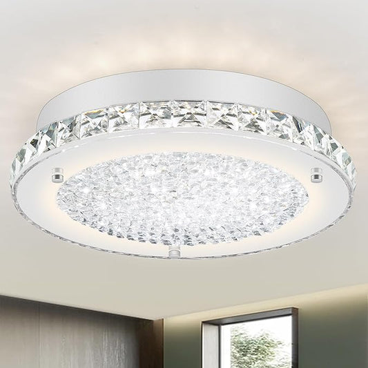 Crystal Ceiling Light 11" LED Crystal Bathroom Ceiling Light Fixtures Semi Flush Mount for Kitchen, Entryway, Foyer, Bedroom, Bathroom, Laundry Room, Cloakroom, Hallway 4000K (Dimmable)