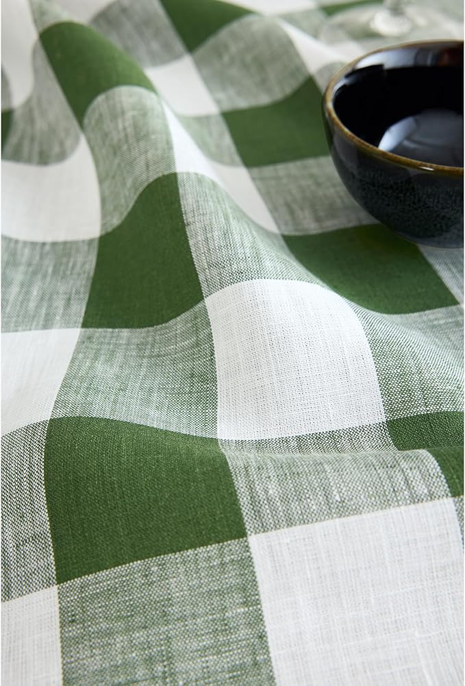 Solino Home Linen Checkered Tablecloth 60 x 108 Inch - 100% Pure Linen Olive and White Buffalo Plaid Table Cloth for Rectangle Tables - Machine Washable Tablecloth for Fall, Autumn