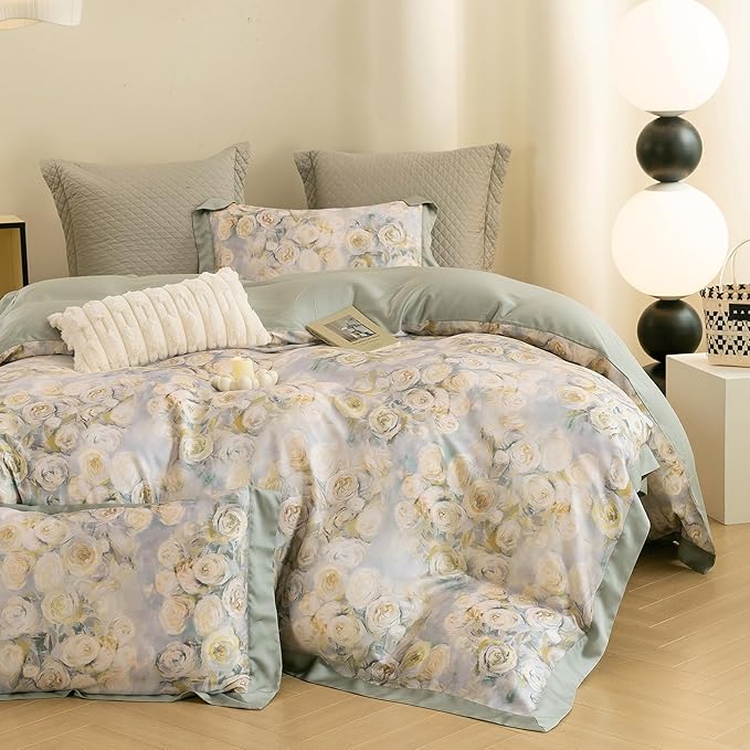 ECOCOTT Bedding 3-Piece Duvet Cover Queen Size, Silky Soft 100% Lyocell, Hypoallergenic & Eco-Friendly Whispering Roses Bedding, Cooling & Breathable for Hot Sleepers, Dreamy Floral Pattern