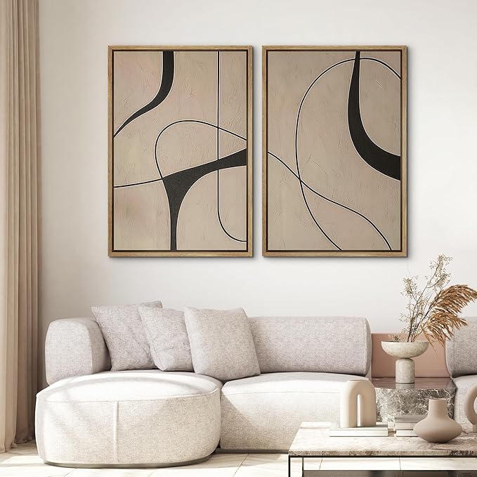 SIGNWIN Framed Canvas Print Wall Art Set Modern Beige and Black Abstract Curve Minimalist Geometric Modern Art Minimal Boho Relax/Calm for Living Room, Bedroom, Office - 24"x36"x2 Natural