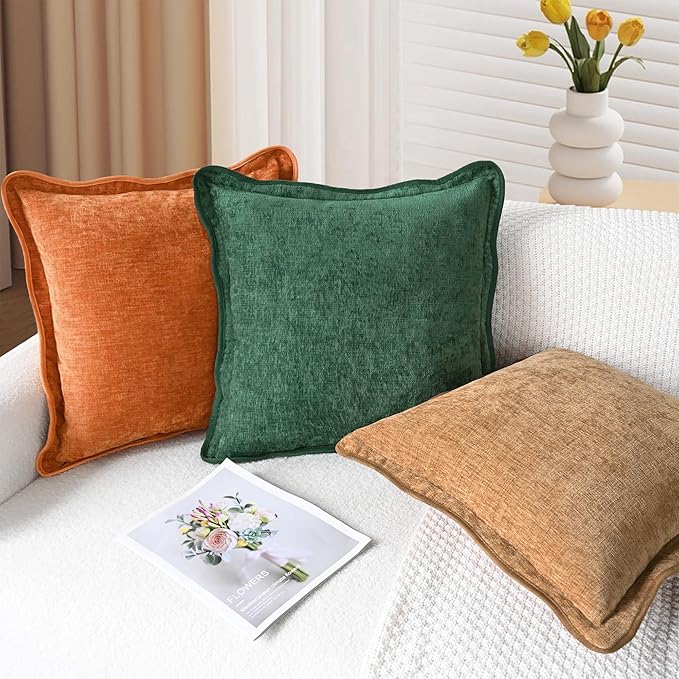 CaliTime Throw Pillow Covers Decorative 18 X 18 Inches Pack of 2 Cozy Chenille Scalloped Wavy Edge Cushion Cases for Couch Sofa Bed Living Room Farmhouse Dark Green