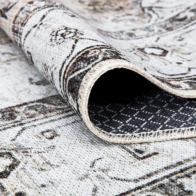 Bloom Rugs Washable Non-Slip 4' x 6' Rug - Brown/Beige/Charcoal Traditional Area Rug for Living Room, Bedroom, Dining Room, and Kitchen - Exact Size: 4' x 6'