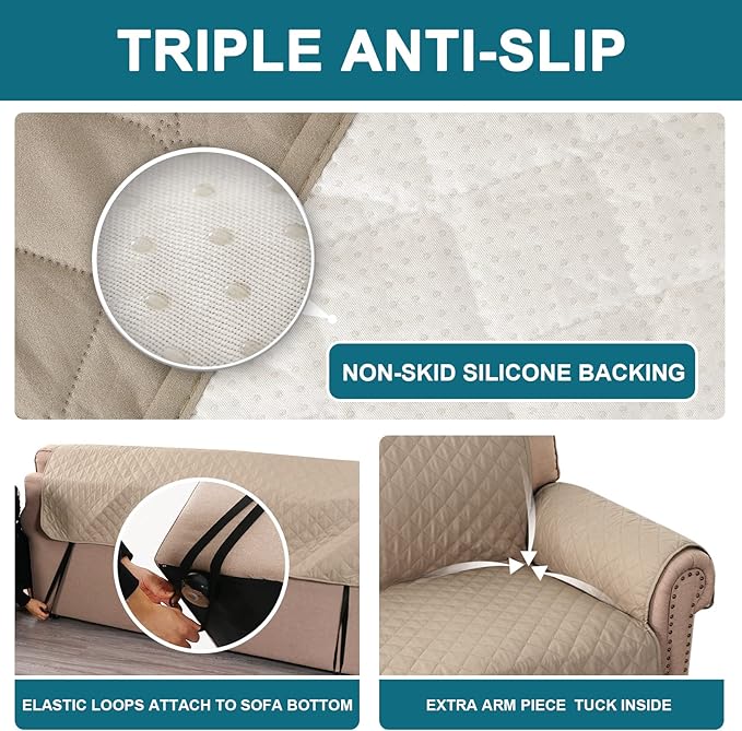 Turquoize 100% Waterproof Couch Cover Sofa Covers for 2 Cushion Couch Loveseat Covers Triple Non-Slip Couch Cover for Dogs Washable Furniture Protector Cover for Pets, Kids,Dog (Loveseat 54", Khaki)