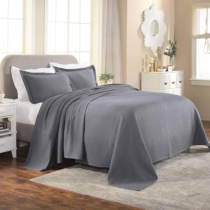 Superior 100% Cotton Basket Weave Bedspread with Shams, All-Season Premium Cotton Matelasse Jacquard Bedding, Quilted-Look Geometric Basket, King, Grey