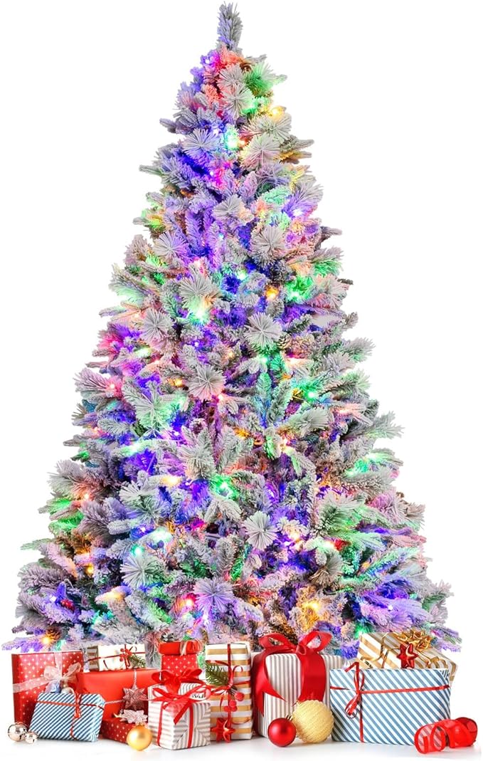 HAPPYGRILL 7 FT Pre-lit Artificial Christmas Tree, Snow-Flocked Xmas Tree with 320 Multi-Color LED Lights, 8 Lighting Modes, 1270 Branch Tips, Pine Needles, Hinged Tree for Home Office Party