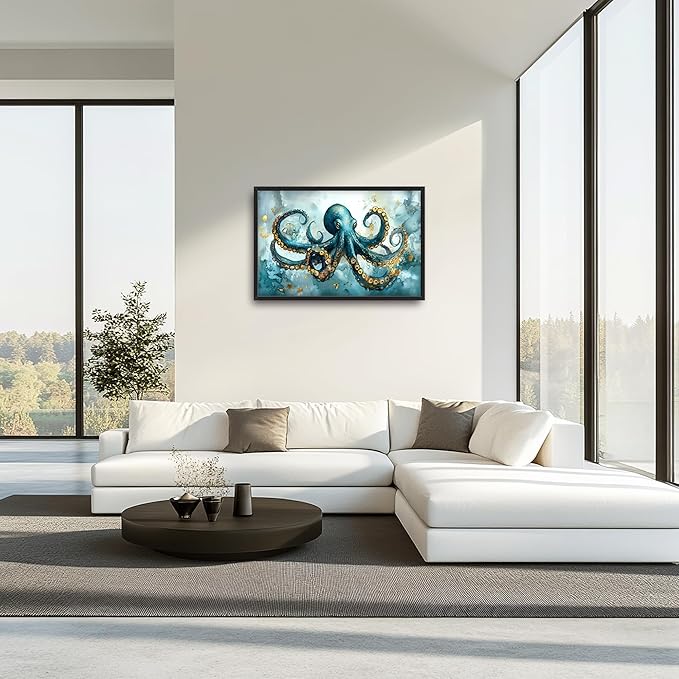 Octopus Large Decor Framed Wall Art Blue and Gold Pictures for Living Room, Ocean Nautical Oversized Canvas Print Painting Modern Extra Large Framed Artwork for Bedroom Office Home Decor 36"x24"