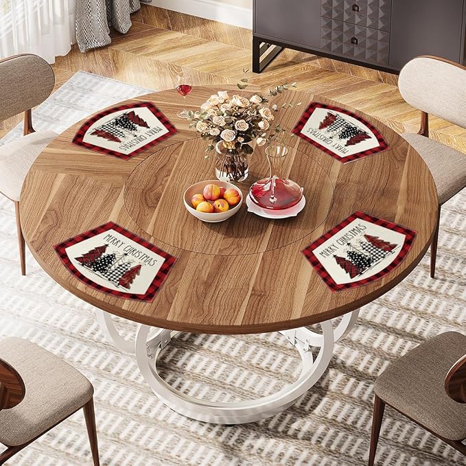 Artoid Mode Red Christmas Trees Wedge Shape Placemats for Round Table Set of 4, Winter Seasonal Kitchen Dining Table Decoration for Indoor Party Home