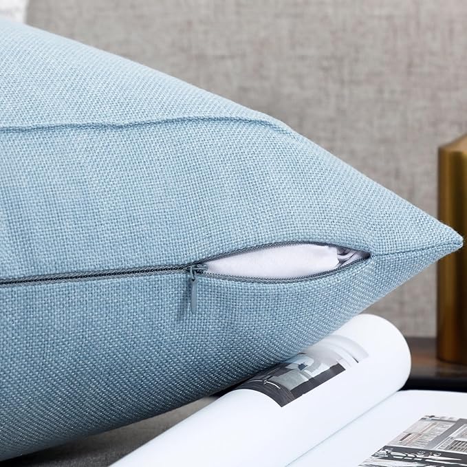 Jepeak 16x16 Inch Burlap Linen Throw Pillow Covers, Pack of 2 Decorative Farmhouse Rustic Neutral Pillow Cases Square Durable Cushion Cover for Sofa Couch Bed Home Decor, Baby Blue